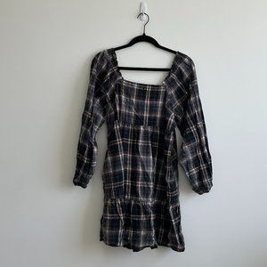 Universal Thread Long Sleeve Checkered Eyelet Print Mini Dress with Pockets Sz L